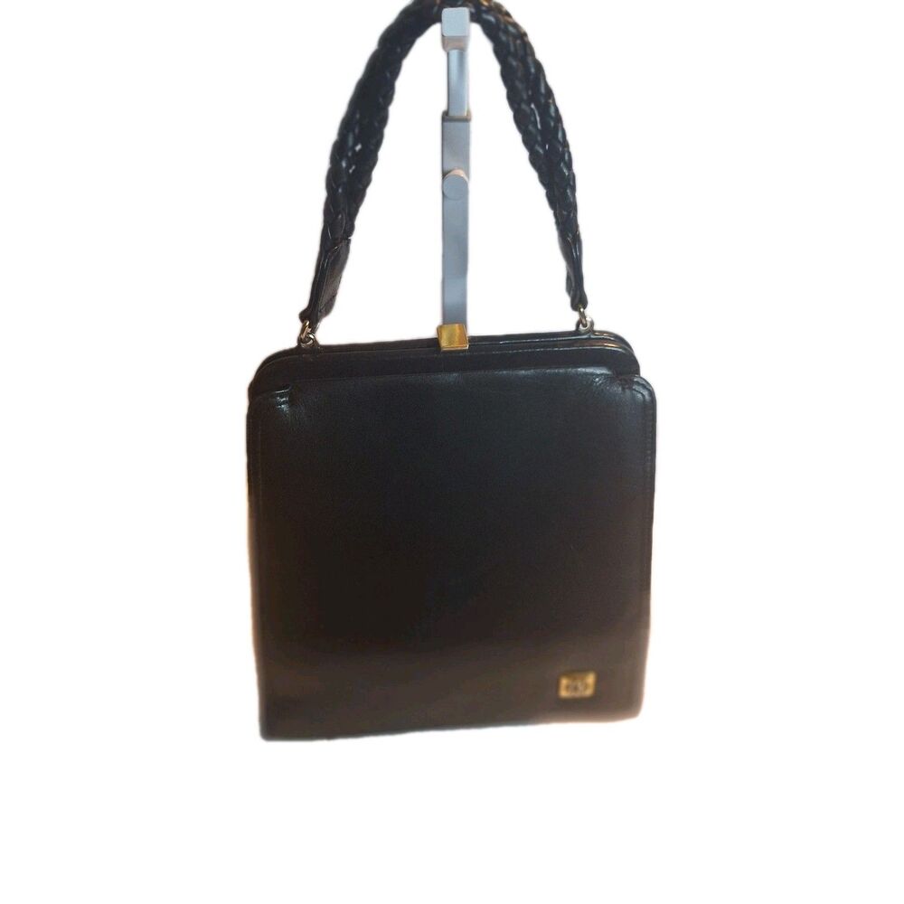 Vintage Anne Klein II Black Leather Women's Satchel Handbag With Braided Handle